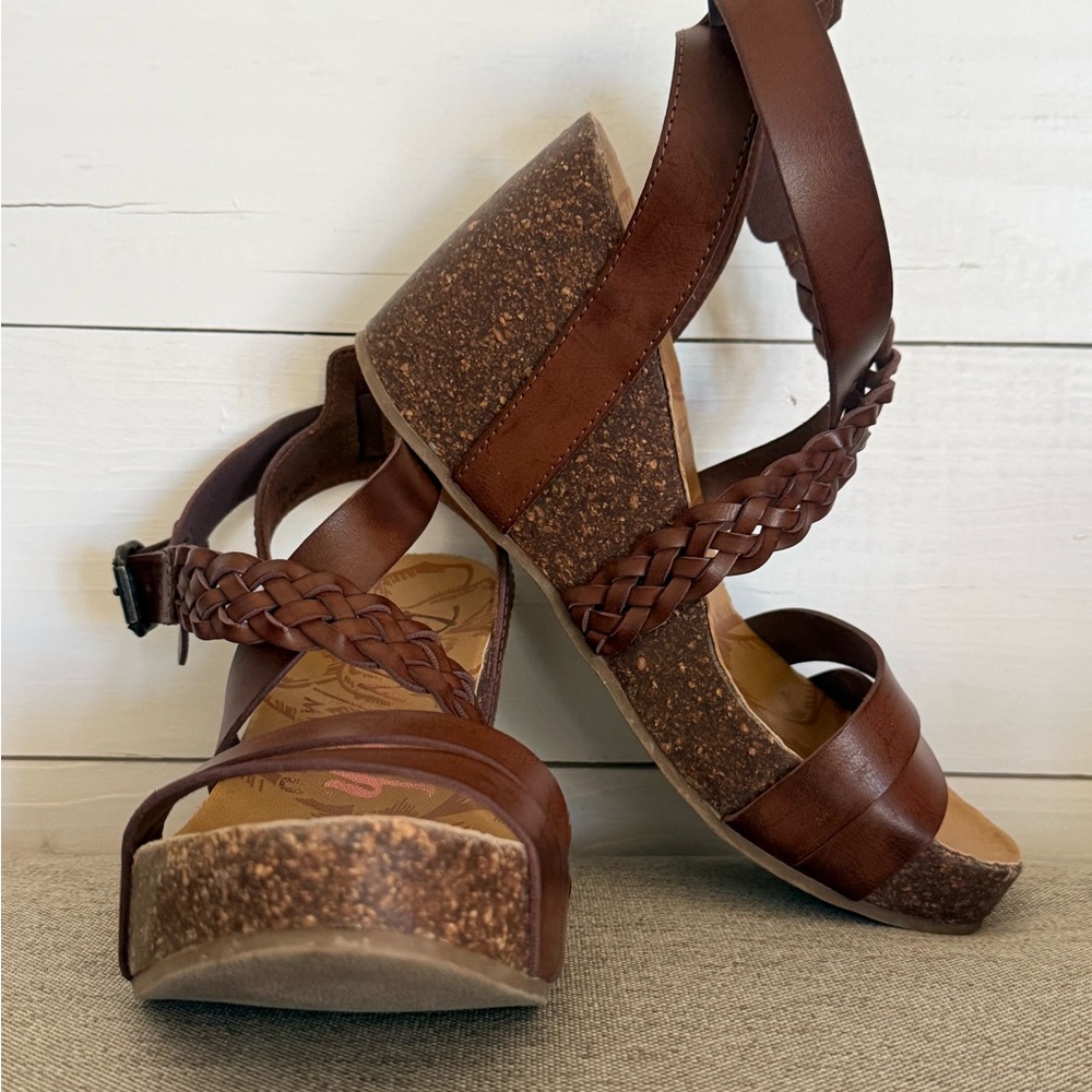 Blowfish Malibu Brown Braided Leather Wedge Sandals